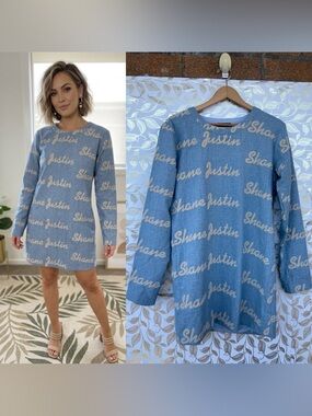 Shane Justin Signature Logo Mini Dress | Denim Blue Script Baddie Aesthetic S